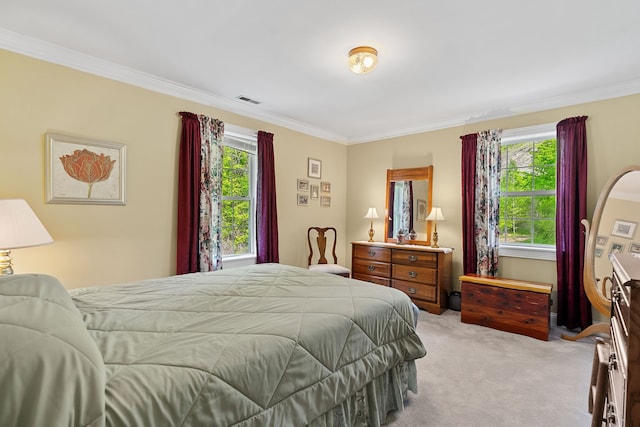 bedroom with carpet and crown molding