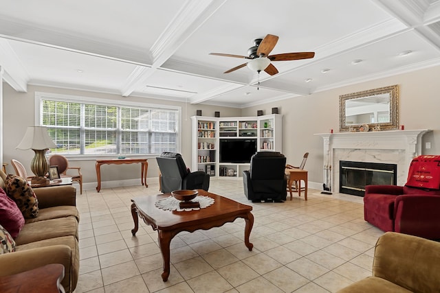 living room with a premium fireplace, coffered ceiling, and ornamental molding