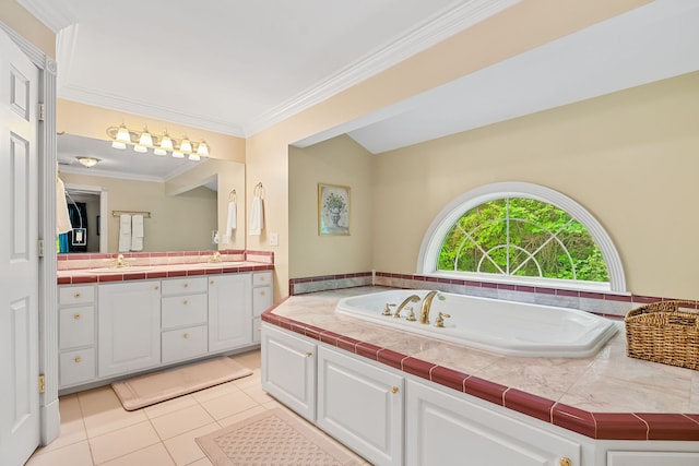 bathroom with crown molding, double sink vanity, a bath, and tile patterned flooring