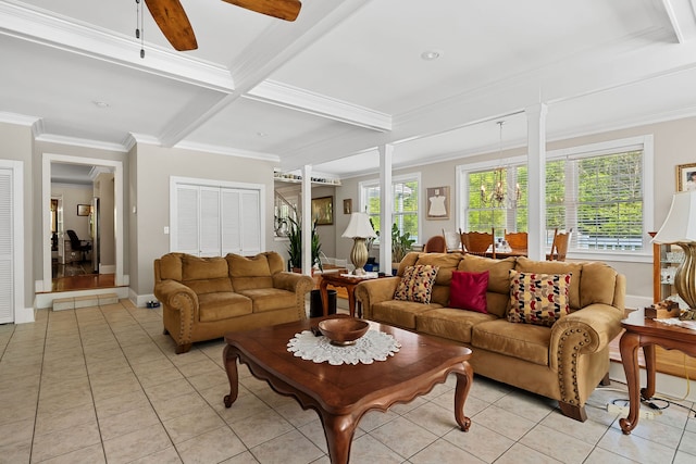 living room featuring beam ceiling, ceiling fan, ornamental molding, and light tile patterned floors