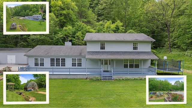 view of front of home with a porch, a trampoline, and a front yard