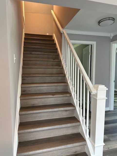 staircase with ornamental molding and wood-type flooring