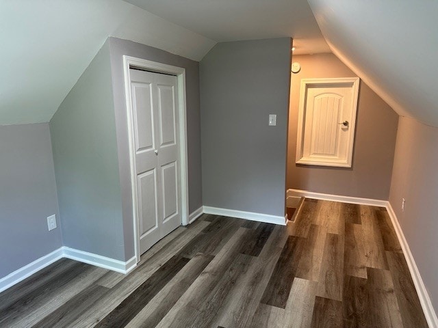 additional living space with vaulted ceiling and dark hardwood / wood-style flooring