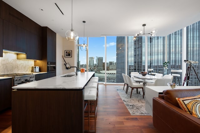 kitchen featuring sink, plenty of natural light, dark hardwood / wood-style floors, floor to ceiling windows, and an island with sink