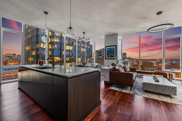 kitchen featuring dark hardwood / wood-style floors, pendant lighting, and an island with sink