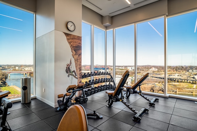 workout area featuring a water view