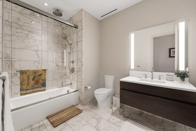 full bathroom with tile flooring, large vanity, toilet, and bath / shower combo with glass door