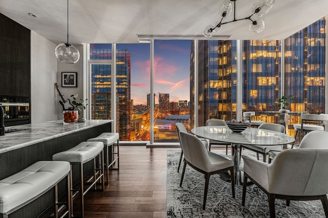 dining space with a wall of windows and dark hardwood / wood-style floors