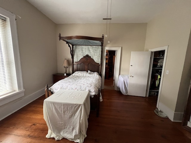 bedroom with dark hardwood / wood-style flooring, a closet, and a spacious closet