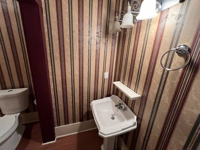 bathroom featuring sink, hardwood / wood-style floors, and toilet