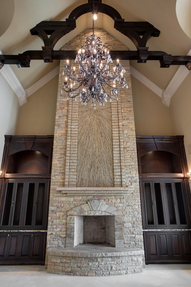 interior space featuring a chandelier, crown molding, and carpet floors