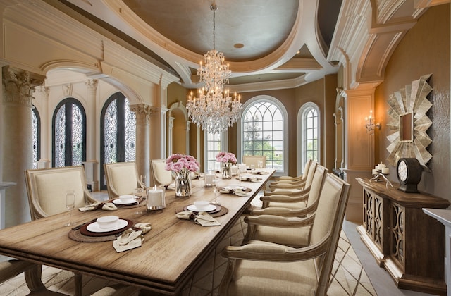 interior space featuring light tile floors, coffered ceiling, a notable chandelier, decorative columns, and ornamental molding