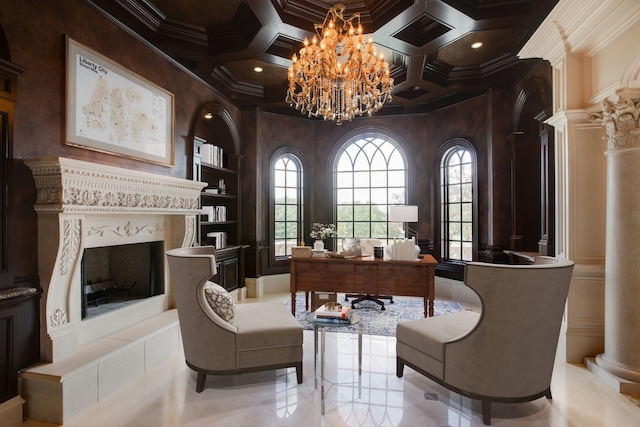 living area featuring tile floors, coffered ceiling, a chandelier, and ornamental molding