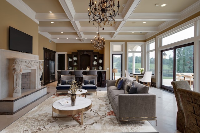 living room with beamed ceiling, light tile floors, a fireplace, coffered ceiling, and an inviting chandelier