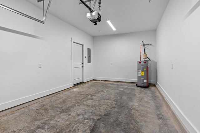 garage featuring water heater, baseboards, electric panel, and a garage door opener