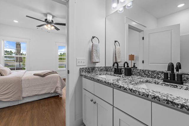 bathroom featuring a sink, double vanity, wood finished floors, and ensuite bath