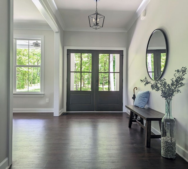 doorway featuring crown molding, dark hardwood / wood-style floors, and french doors