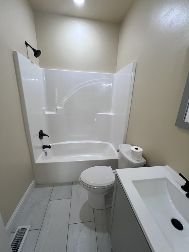 full bathroom featuring tile flooring, vanity, toilet, and shower / washtub combination