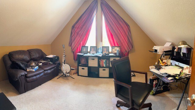 home office with carpet floors, a textured ceiling, and vaulted ceiling