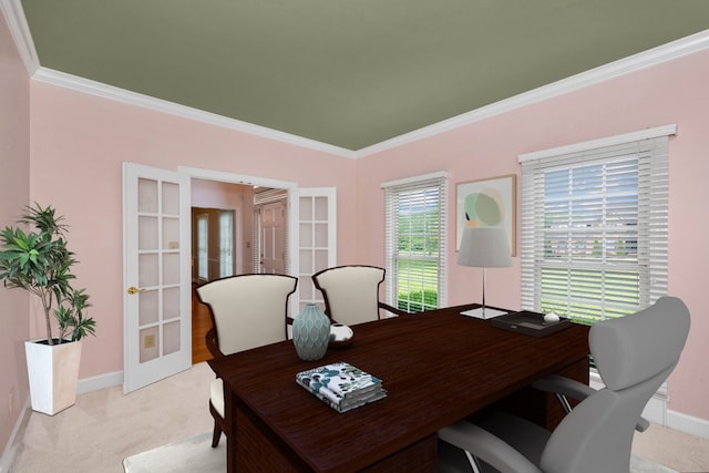 office area with french doors, crown molding, and light colored carpet