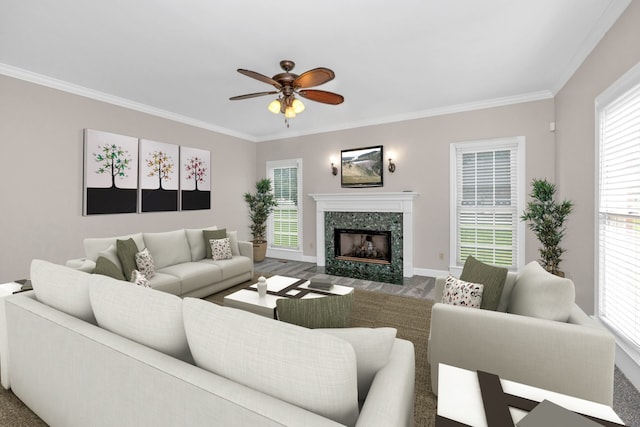 living room with crown molding, wood-type flooring, ceiling fan, and a fireplace