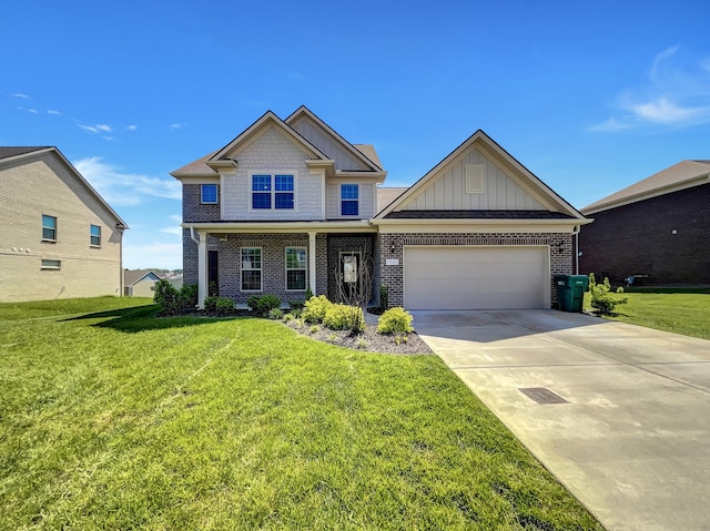 craftsman-style house featuring a garage and a front lawn