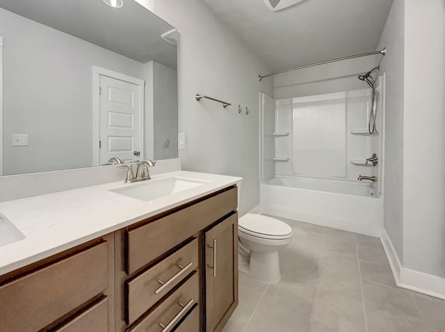 full bathroom featuring tub / shower combination, toilet, tile floors, and large vanity