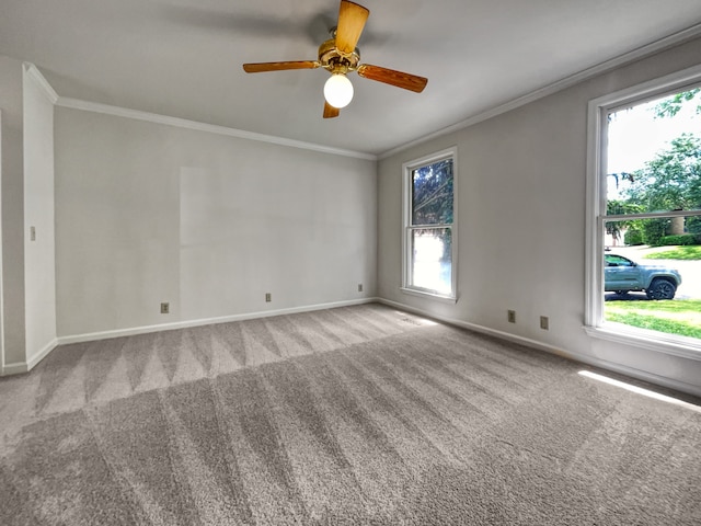 unfurnished room featuring plenty of natural light, carpet, and ceiling fan