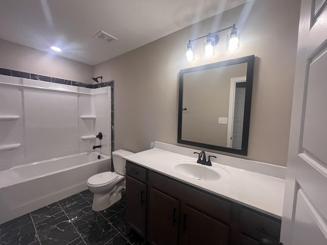 full bathroom featuring shower / bathing tub combination, vanity, and toilet