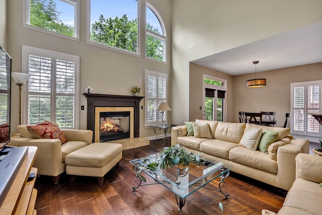 808 Seven Points Cv, Hermitage, TN 37076 - living room with a healthy amount of sunlight, a high ceiling, and dark hardwood / wood-style flooring