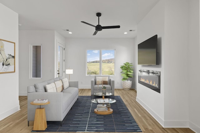 living room with ceiling fan and hardwood / wood-style flooring