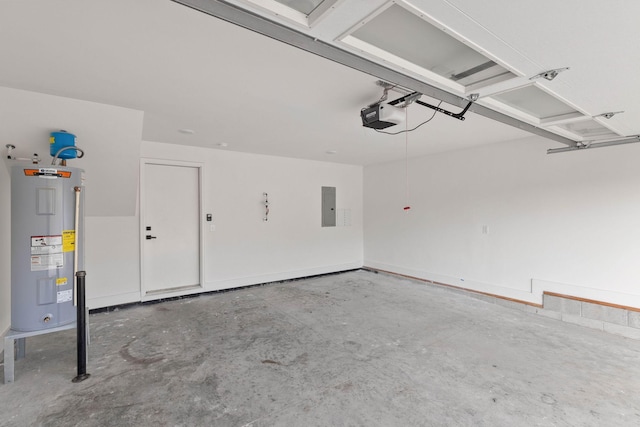 garage with electric panel, a garage door opener, and water heater