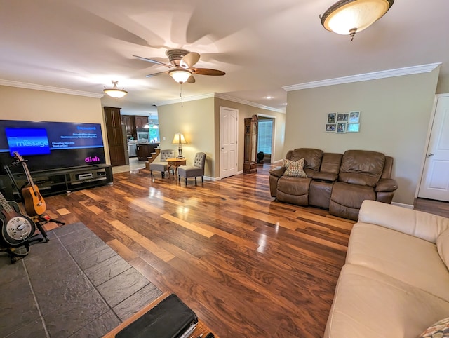 living room featuring crown molding, ceiling fan, and hardwood / wood-style floors