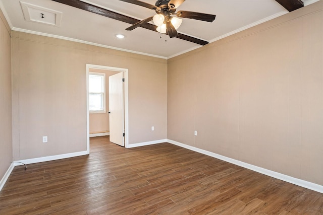 empty room featuring ceiling fan, dark hardwood / wood-style flooring, crown molding, and a baseboard heating unit