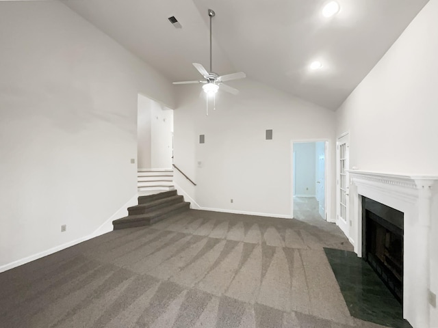 824 N Woodstone Ln, Nashville, TN 37211 - unfurnished living room with ceiling fan, a fireplace with flush hearth, stairs, carpet flooring, and recessed lighting
