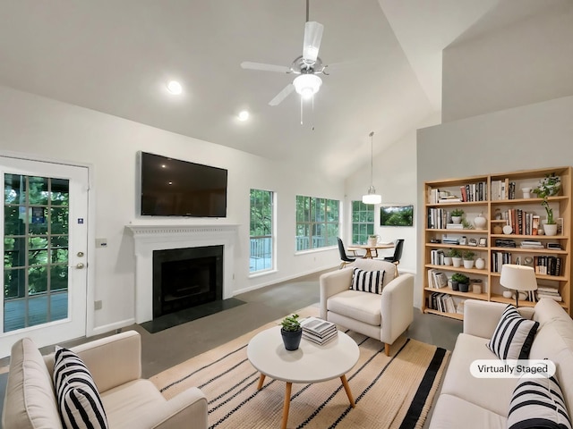 824 N Woodstone Ln, Nashville, TN 37211 - living area featuring ceiling fan, a fireplace with flush hearth, and high vaulted ceiling