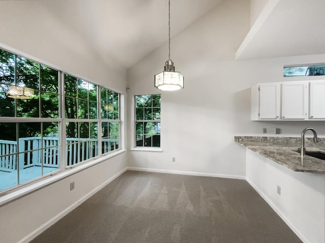 824 N Woodstone Ln, Nashville, TN 37211 - unfurnished dining area featuring carpet flooring, baseboards, high vaulted ceiling, and a sink