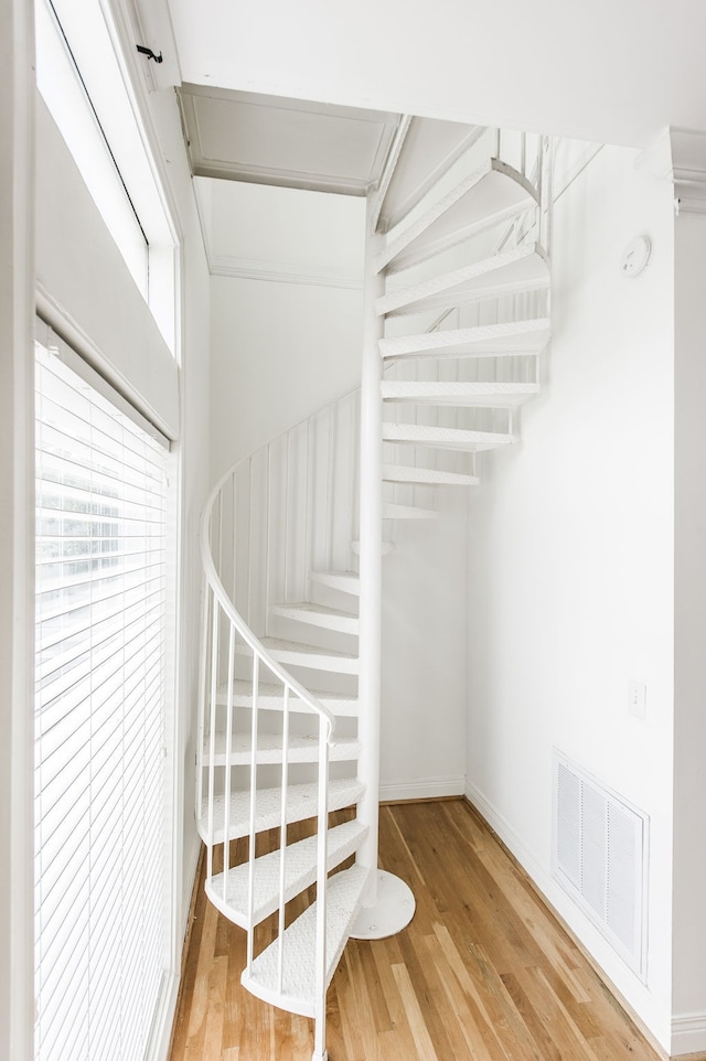 stairway with hardwood / wood-style flooring