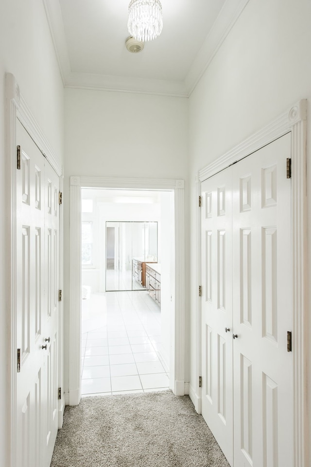 corridor with light carpet and ornamental molding