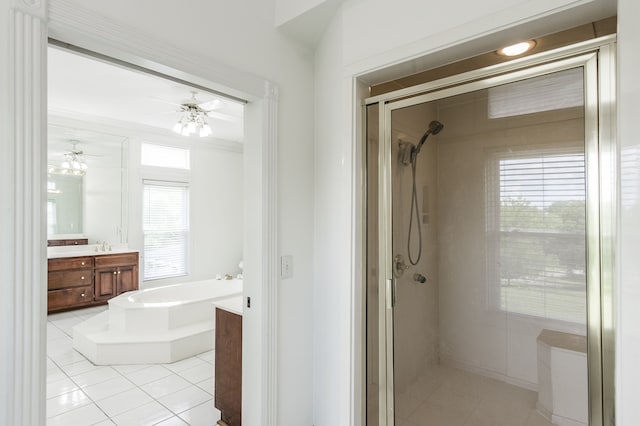 bathroom with vanity, ceiling fan, tile patterned floors, and separate shower and tub