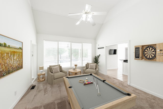 playroom with light carpet, high vaulted ceiling, ceiling fan, and billiards