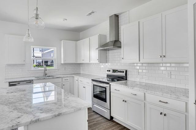 kitchen with stainless steel appliances, tasteful backsplash, wall chimney exhaust hood, white cabinetry, and sink