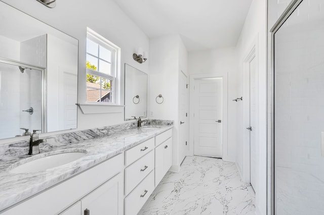 bathroom with double sink, tile floors, and oversized vanity