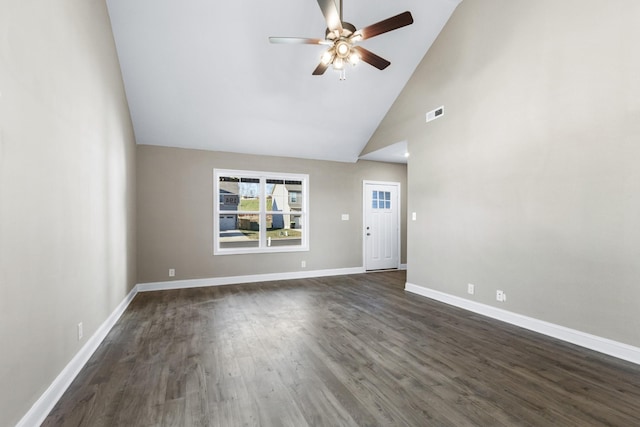 unfurnished room with ceiling fan, dark wood-type flooring, and high vaulted ceiling