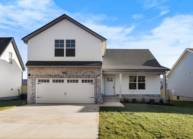 view of front facade featuring brick siding, a front lawn, concrete driveway, cooling unit, and a garage