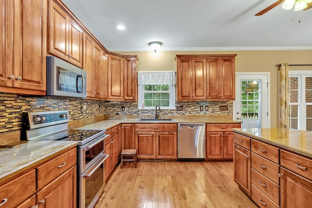 kitchen featuring sink, light wood-type flooring, stainless steel appliances, and a wealth of natural light