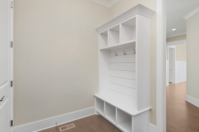 mudroom with hardwood / wood-style floors and ornamental molding