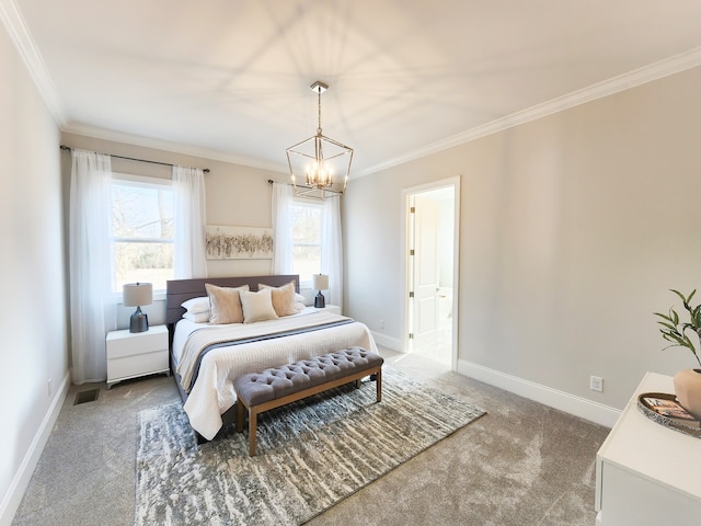 bedroom with ornamental molding, carpet floors, and an inviting chandelier