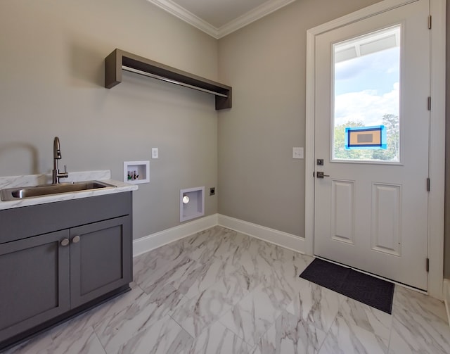 washroom featuring ornamental molding, sink, light tile floors, and hookup for a washing machine