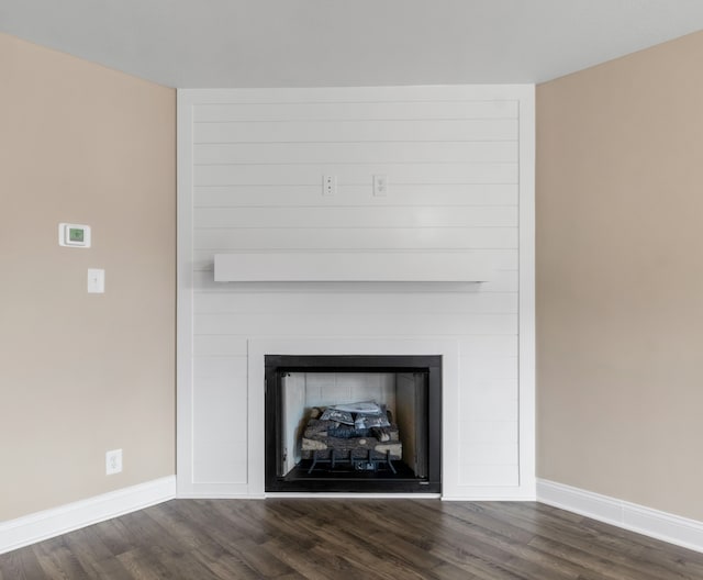 details featuring a large fireplace and wood-type flooring